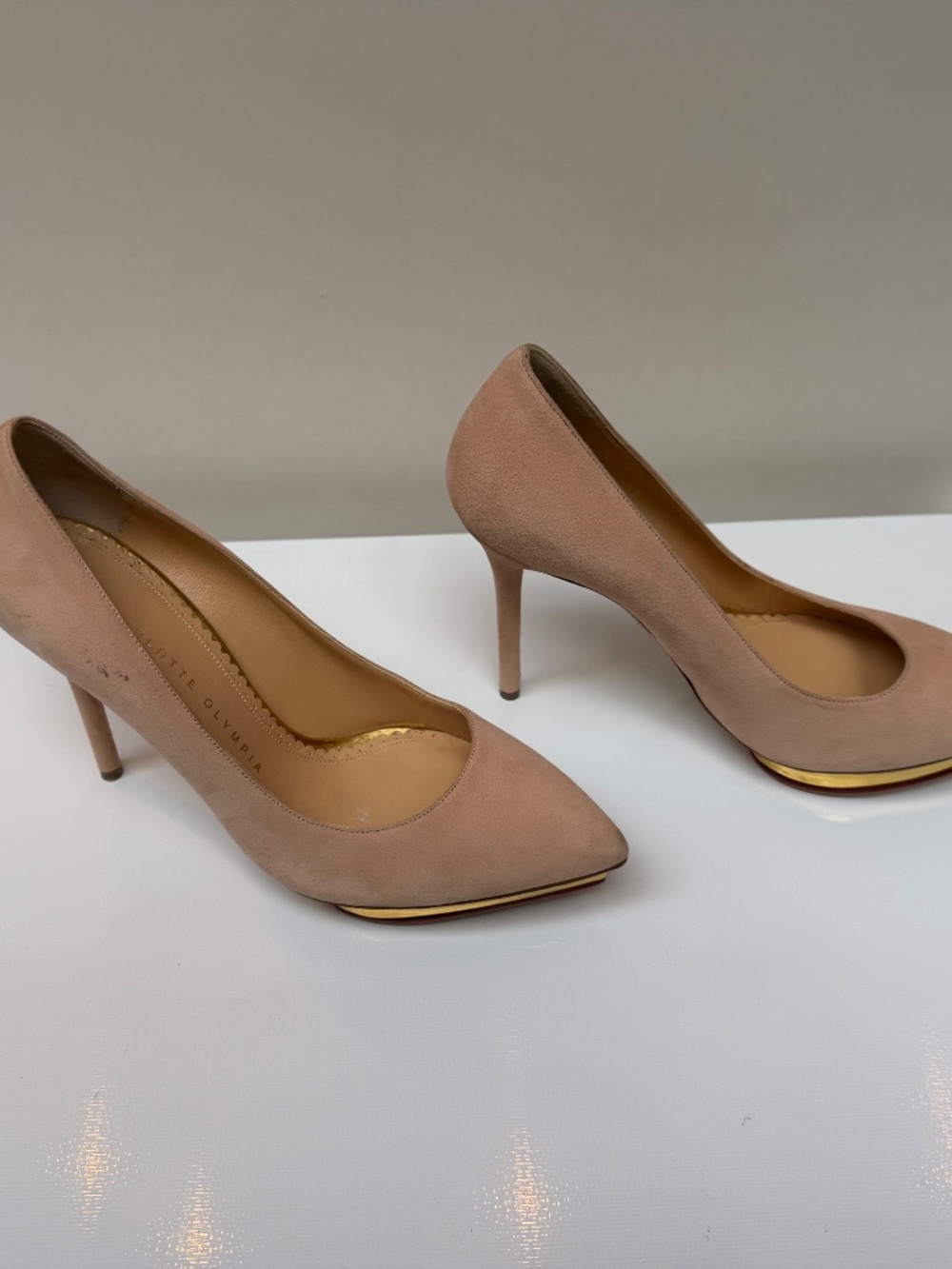 Charlotte Olympia Dolly Suede Pumps, Beige / Blush + Gold, Size 36.5